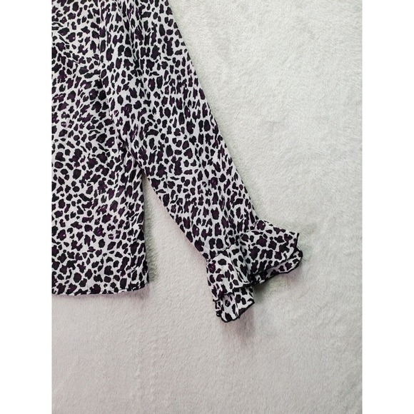Canda Blouse Top Women's M White Purple Leopard Print Sheer Collar Button Front - Picture 5 of 9